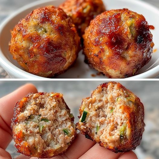 two pictures of meatballs with sauce on them in a white bowl, and the same one is half eaten