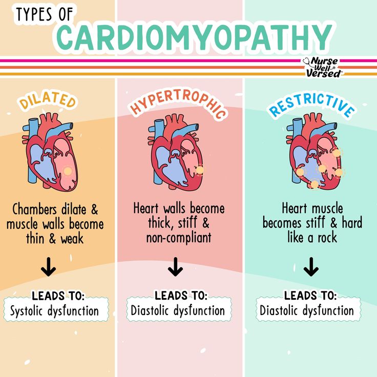 the four types of cardiomyopathhy are shown in three different colors and sizes