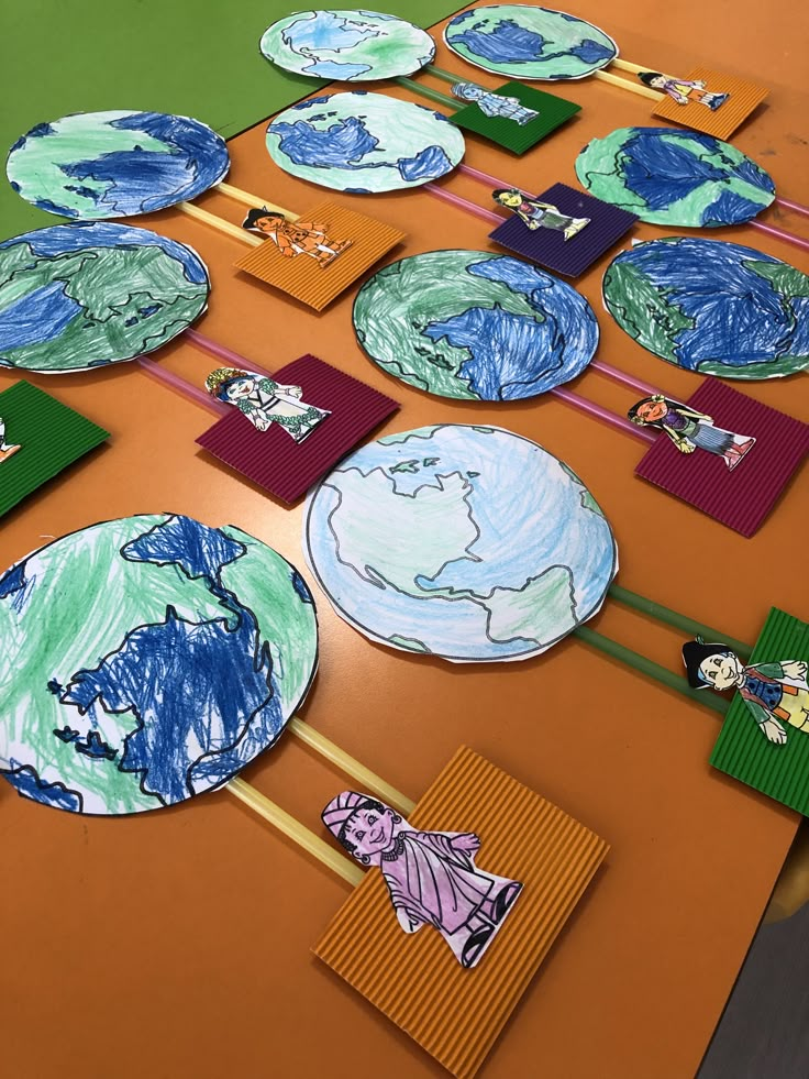 children's paper plates with pictures of the earth on them sitting on a table