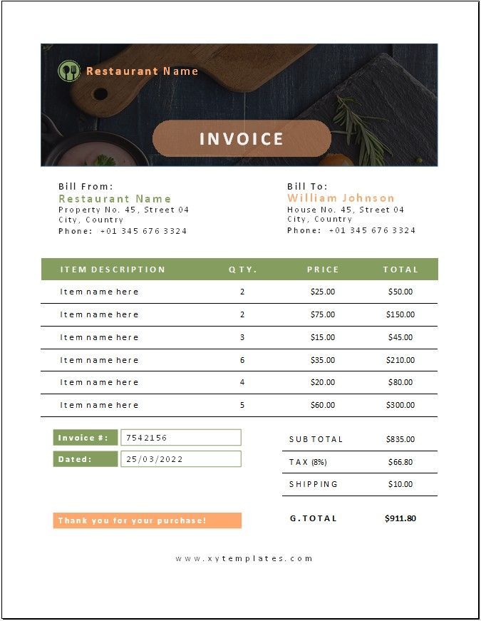 a restaurant invoice is shown with ingredients on the table and utensils