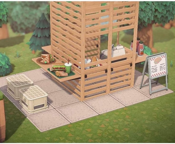 an animated image of a wooden structure in the middle of a park with picnic tables and food