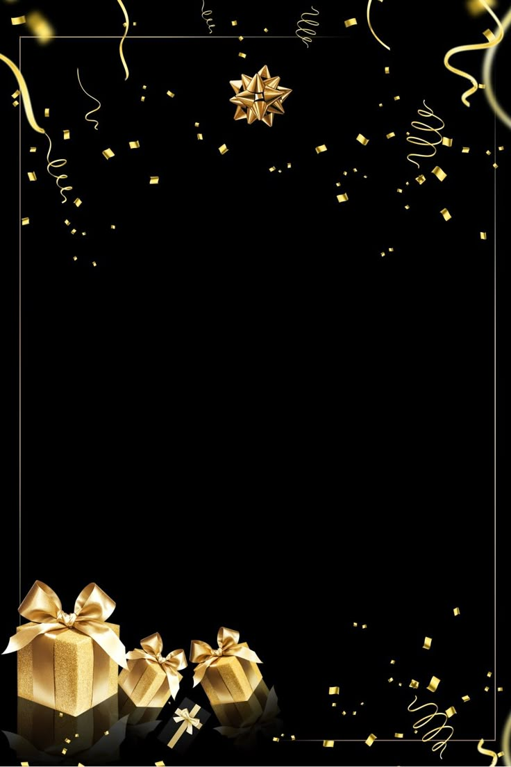 a black background with gold confetti and presents