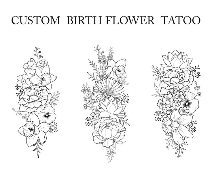 three flower tattoos with the words, custom birth flower tattoo