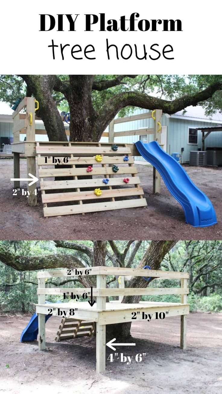 the diy platform tree house is made from wooden pallets and has a slide in it