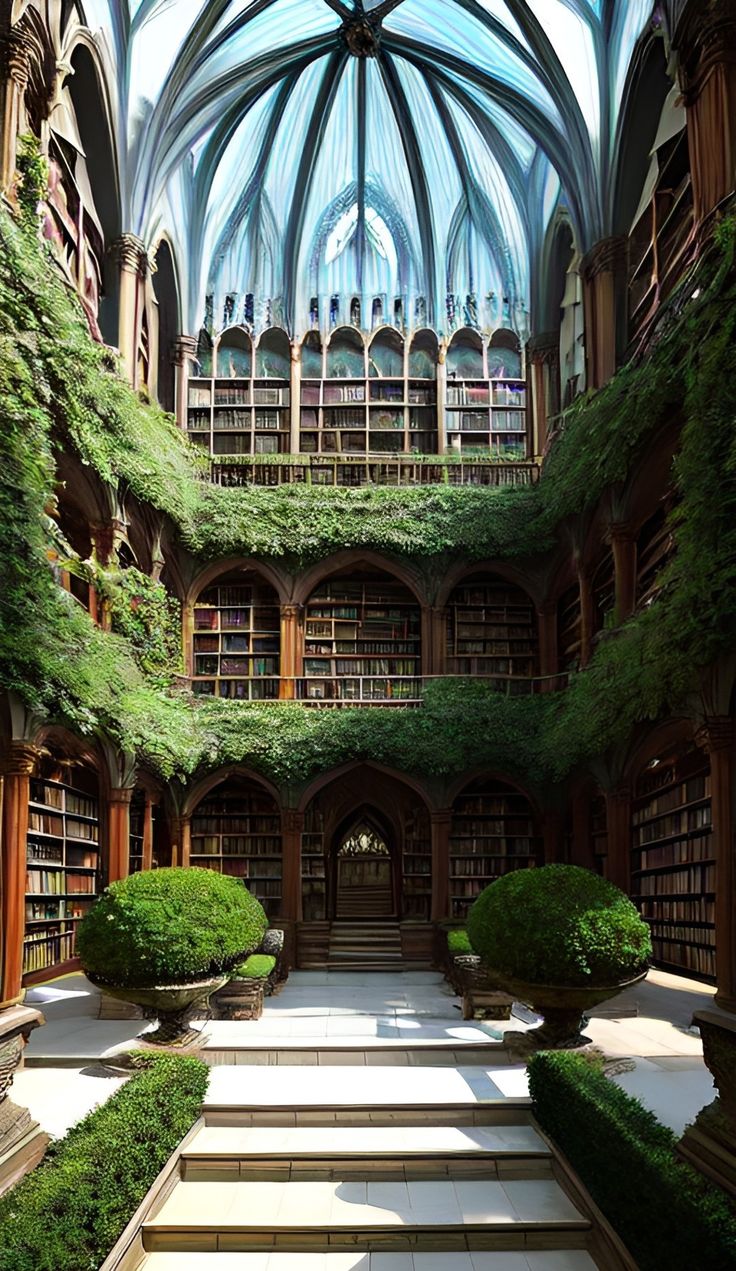 the inside of a library with lots of bookshelves and plants growing on them