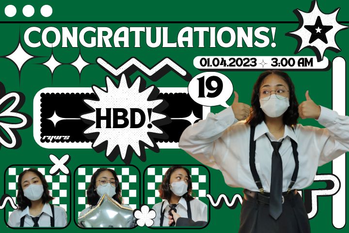 a woman wearing a white shirt and tie in front of a green background with congratulationss