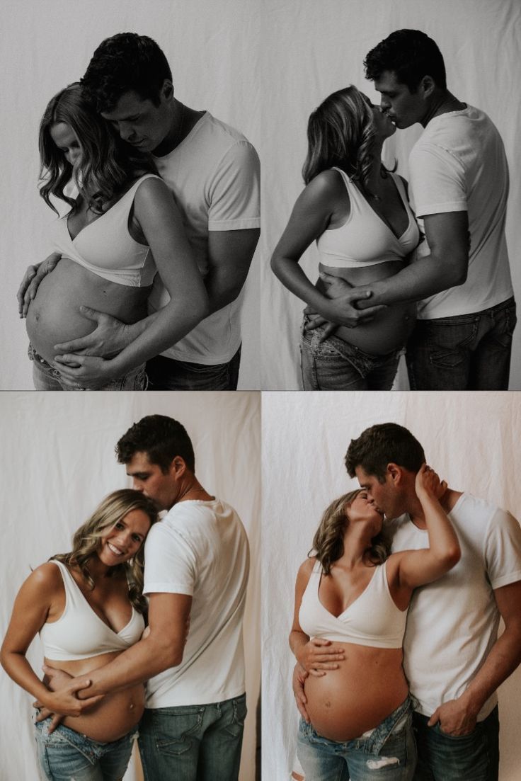 a man and woman kissing while holding their pregnant baby bump in front of the camera