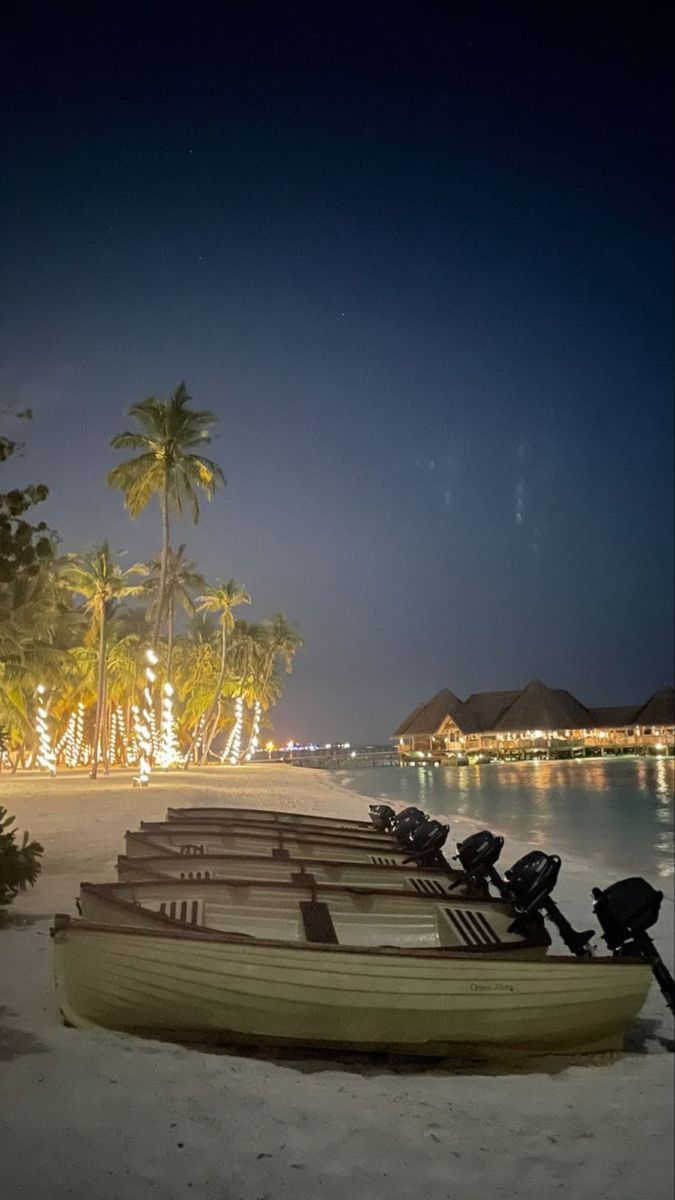 several boats lined up on the beach at night with palm trees and lights in the background