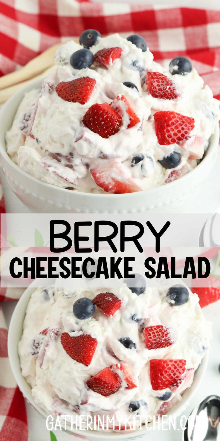 berry cheesecake salad with whipped cream and fresh berries in the middle is ready to be eaten