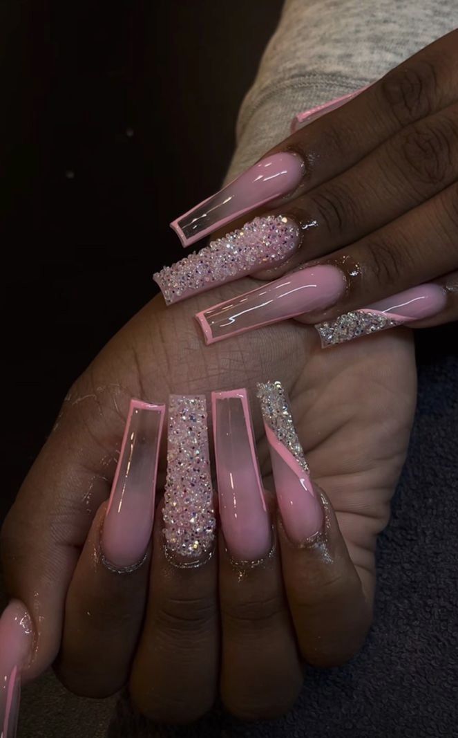 Black Bday Nails Ideas, Nails Inspiration 21 Birthday, Pretty Bday Nails, Pink Nail Designs For Prom, 18th Nails Design, Birthday Nail Ideas Acrylic Coffin, Rhinestones On Ombre Nails, Baddie Nails Square Long, Birthday Nails Freestyle