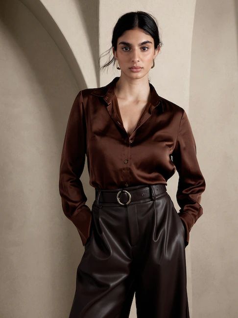 New Women's Clothes | Banana Republic Factory Satin Pants Outfit, Satin Shirt Outfit, Silk Shirt Outfit, Satin Blouse Outfit, Outfit Ideas December, Shirt Outfit Ideas, Stylish Blouse Design, Brown Satin, Shirts Women Fashion