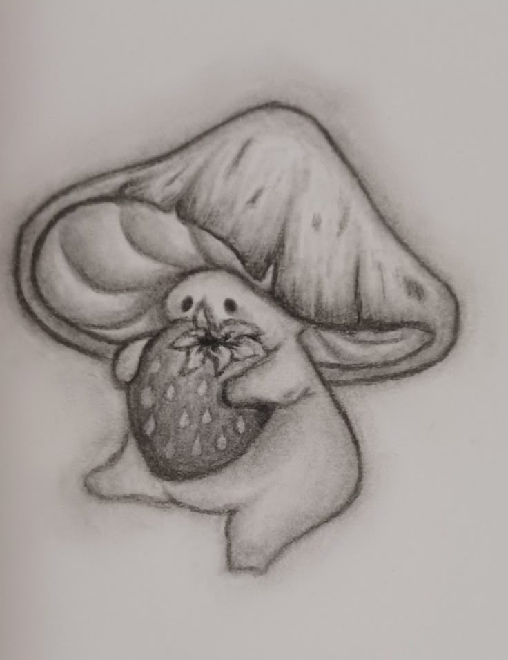 a pencil drawing of a mushroom with a strawberry in it's mouth, and the top half of its head sticking out