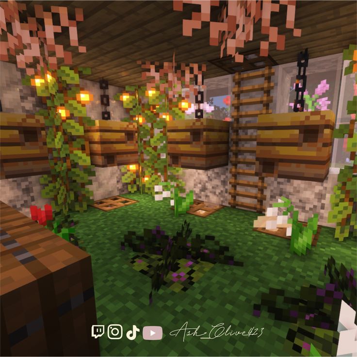 the inside of a minecraft house with plants and flowers