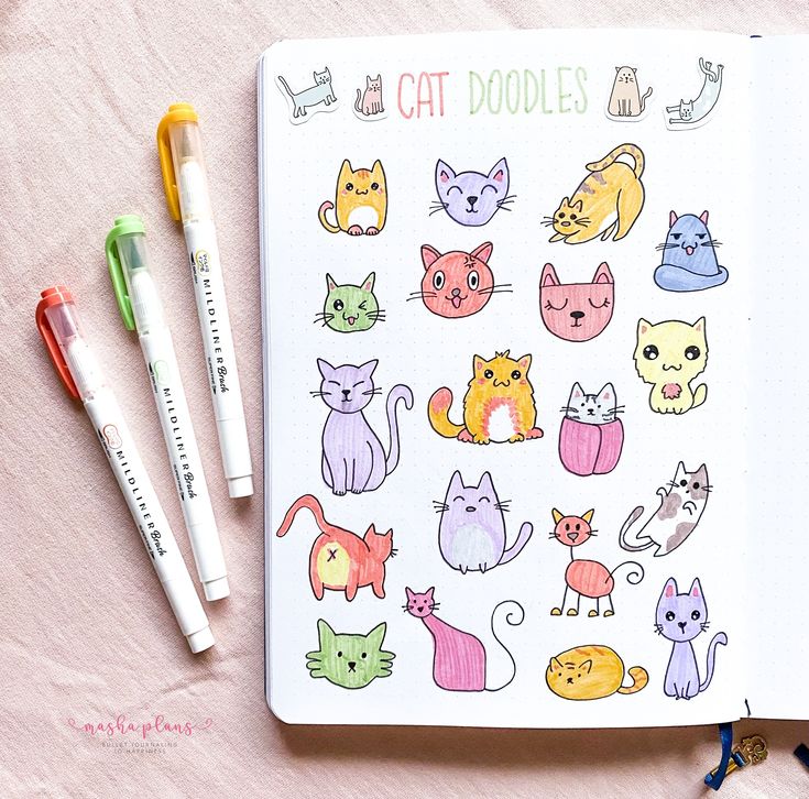 an open notebook with cat doodles on it and two markers next to the book