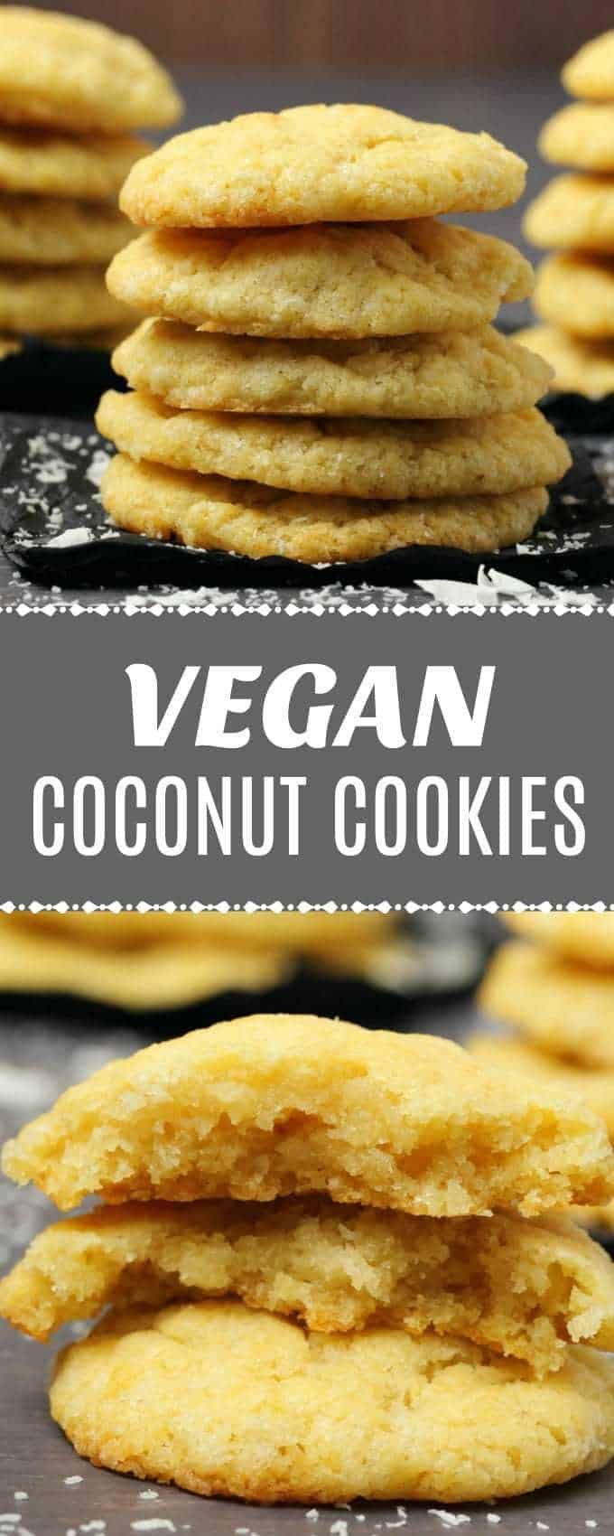 vegan coconut cookies stacked on top of each other with the title in the middle