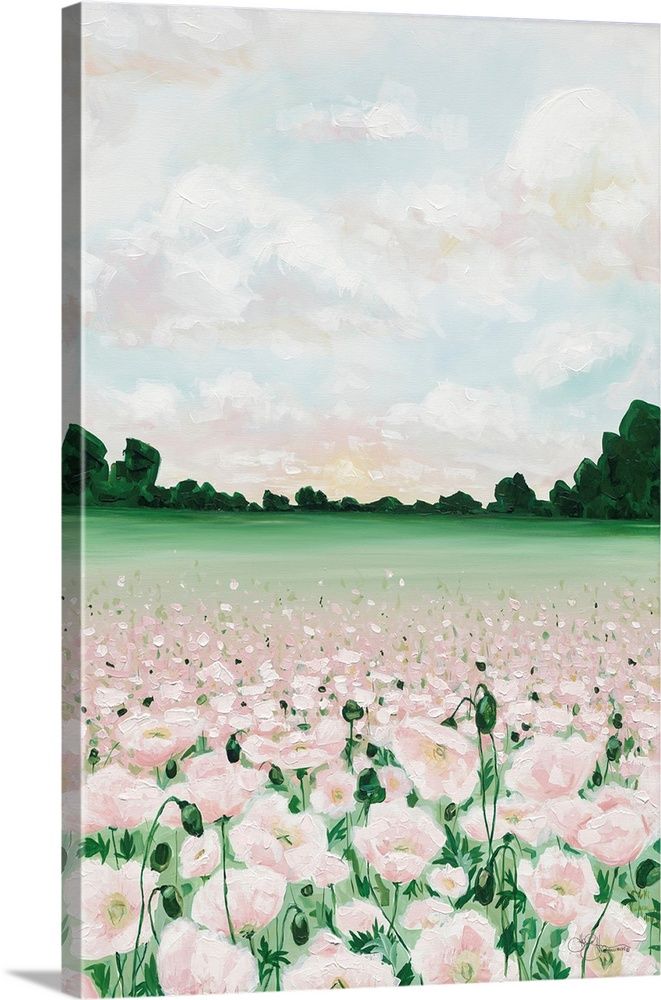 a painting of pink flowers in a field