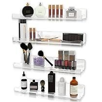 three white shelves with cosmetics and personal care items