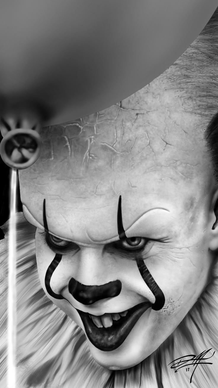 a drawing of a clown with his face painted black and white