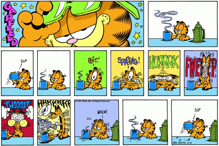 the garfield comics strip is shown in several different ways, including one with a green hat and