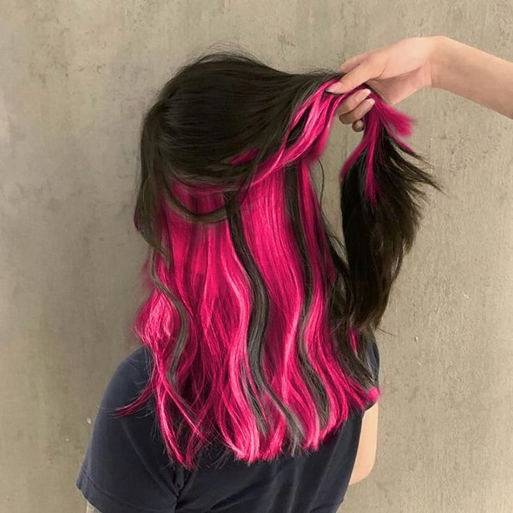 Hair Color Ideas Straight Hair Brunettes, Under Part Of Hair Dyed Pink, Pink Hair With Black Underneath, Pink Underdye Hair Black, Black With Color Underneath Hair, Peekaboo Hair Color Brunettes Pink, Bottom Half Dyed Hair Pink, Pic A Boo Hair Color, Pink Hair Underneath Black