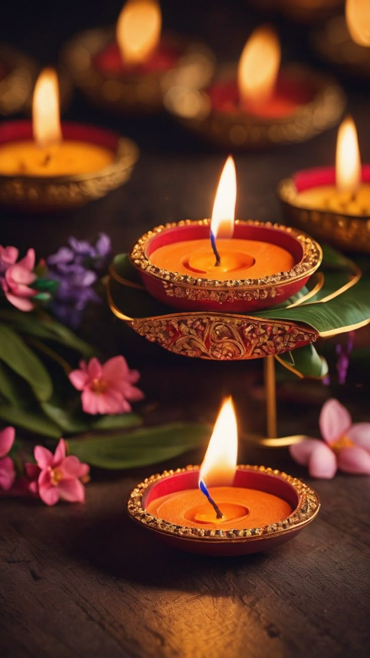 three candles are lit on plates with flowers in the background