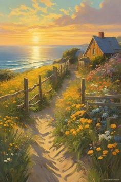 a painting of a path leading to a house on the beach with flowers in front of it