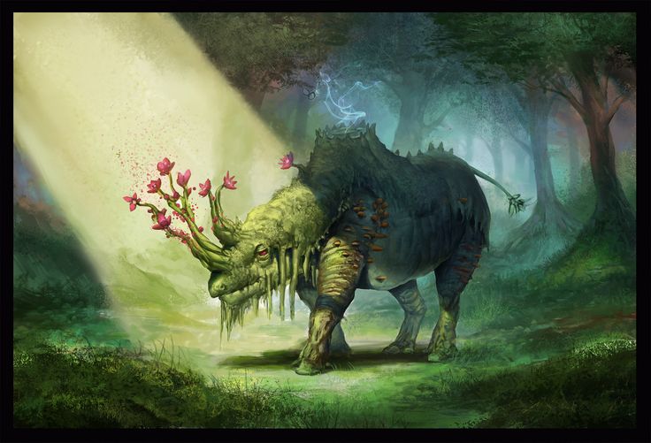 an animal with flowers in its mouth standing in the middle of a forest filled with trees