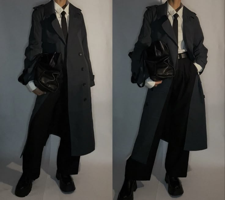 Detective Coat Outfit, Detective Clothing Men, Victorian Trench Coat, Styling Black Trench Coat, Noir Detective Outfit, Modern Detective Outfit Men, Trench Coat Character Design, How To Style Black Leather Jacket, Paranormal Investigator Outfit