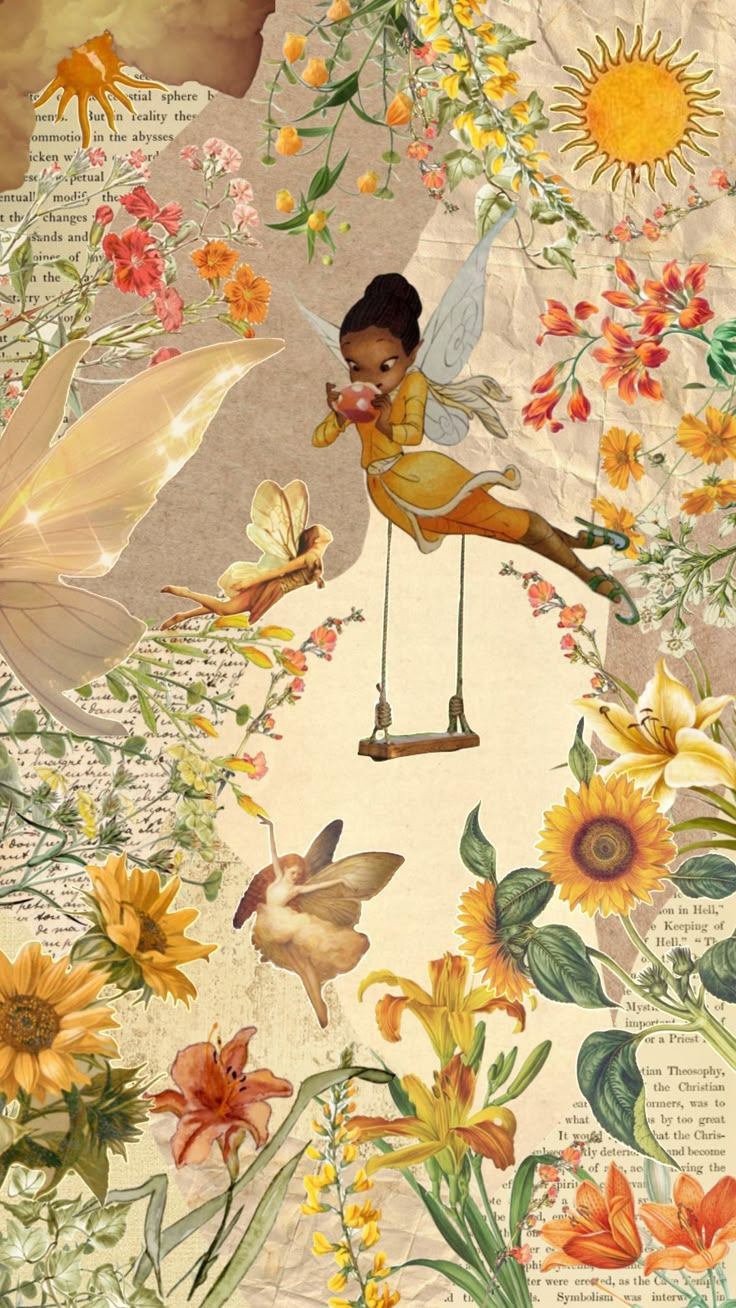 a painting of a girl swinging on a swing with sunflowers and butterflies around her