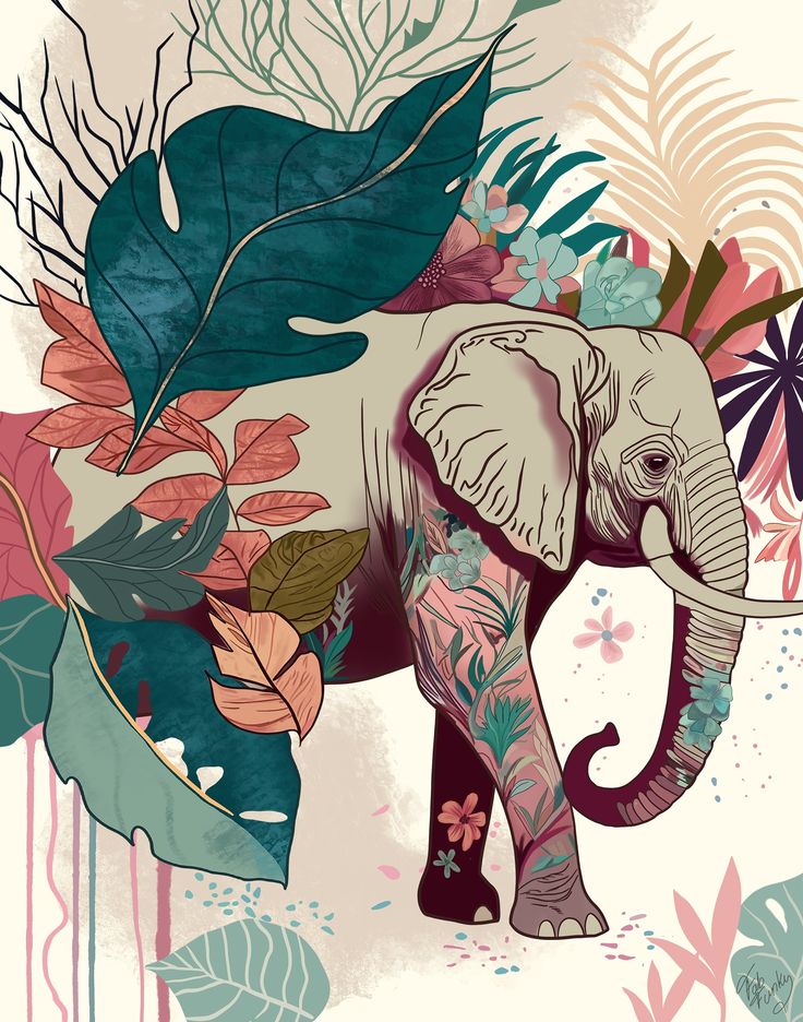 an elephant surrounded by tropical leaves and flowers