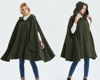 Grey Wool Cashmere Cape Medieval Hooded Cloak Wool Poncho | Etsy UK Oversized Poncho Outfit, Capes With Hoods, Cape Women Fashion, Cloak Pattern Hooded, Cloak With Sleeves, Cape With Arm Holes, Cloak Fashion, Green Cloak, Poncho Cloak