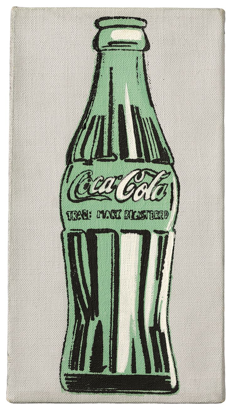 a green and black coca - cola bottle on a white canvas with the words,