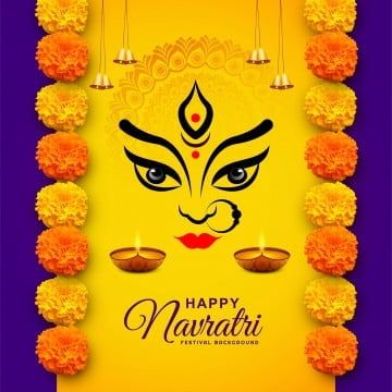 happy navratri greeting card with beautiful face and pom poms on purple background