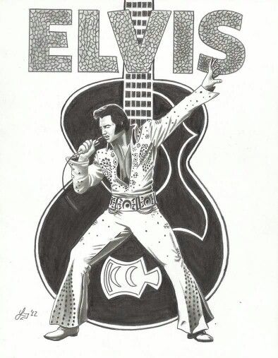 an elvis poster with the words elviss on it and a man holding a guitar