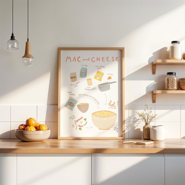 a kitchen counter with a bowl of fruit on it and a framed poster above it