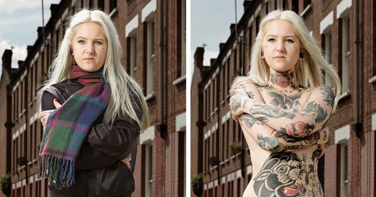 two pictures of a woman with tattoos on her arms and chest, one is wearing a scarf