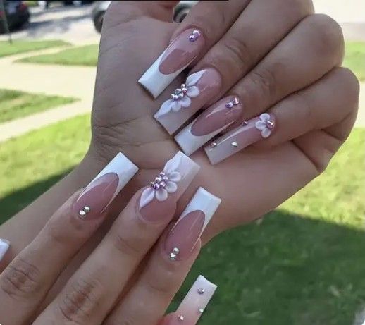 Quince Nails, Quinceanera Nails, Acrylic Nails Nude, White Acrylic Nails, Girly Acrylic Nails, Simple Acrylic Nails, Color Nails, Acrylic Nails Coffin Pink, Unique Acrylic Nails