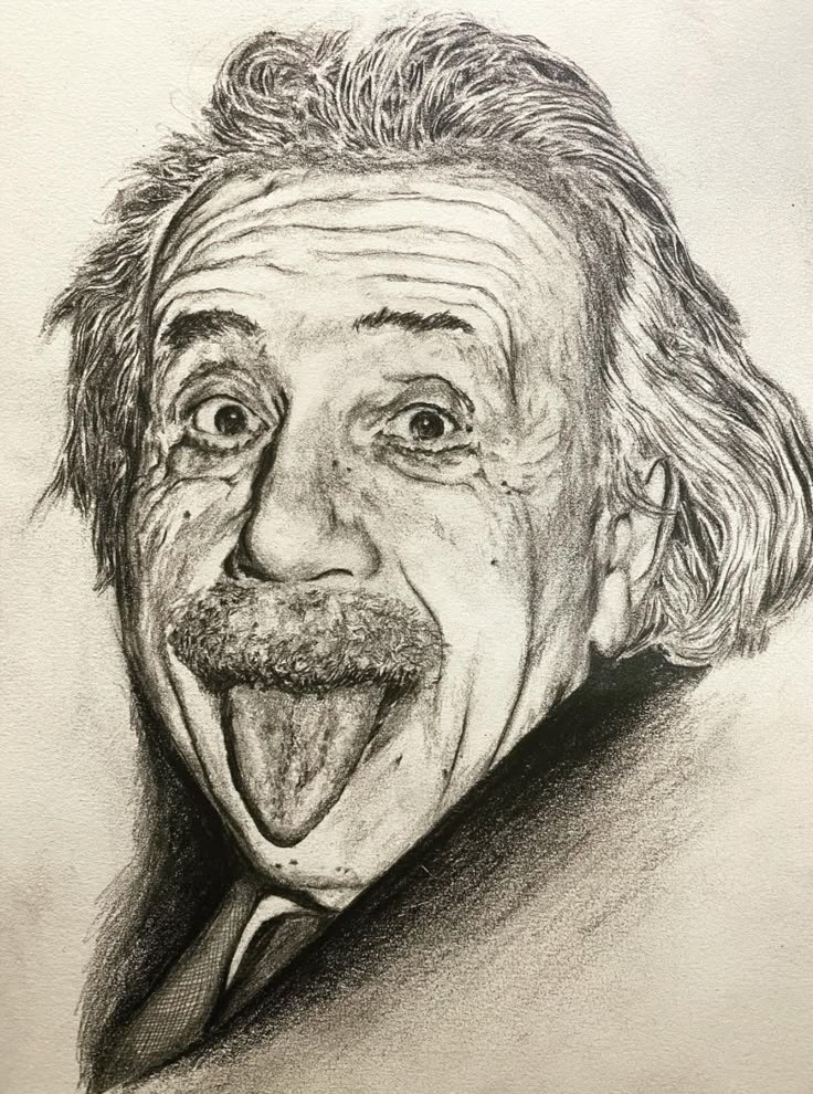 a pencil drawing of an old man with his tongue out