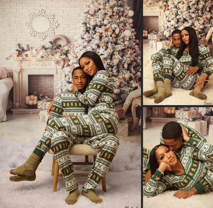 two people sitting in front of a christmas tree and posing for the camera with their arms around each other