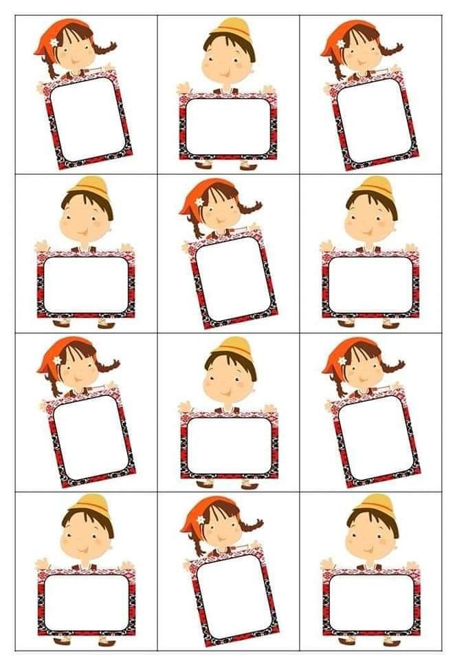 a set of four pictures with different faces and frames in the shape of children's heads