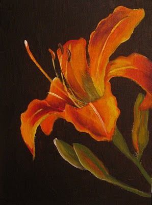 a painting of a orange flower on a black background, with green leaves and stems