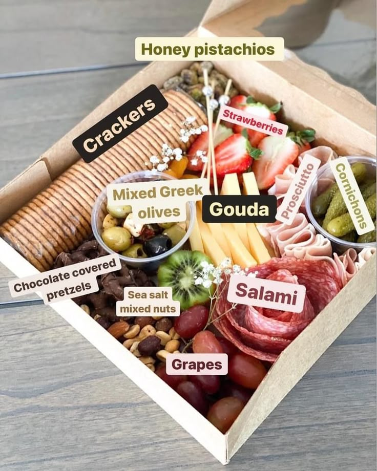 a box filled with different types of food and labeled in the words gouada