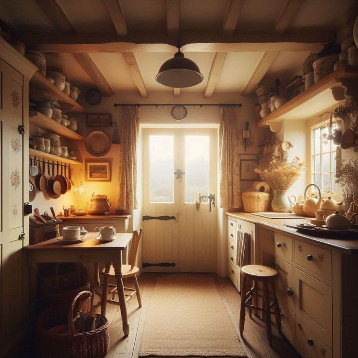 an old fashioned kitchen with lots of wooden furniture