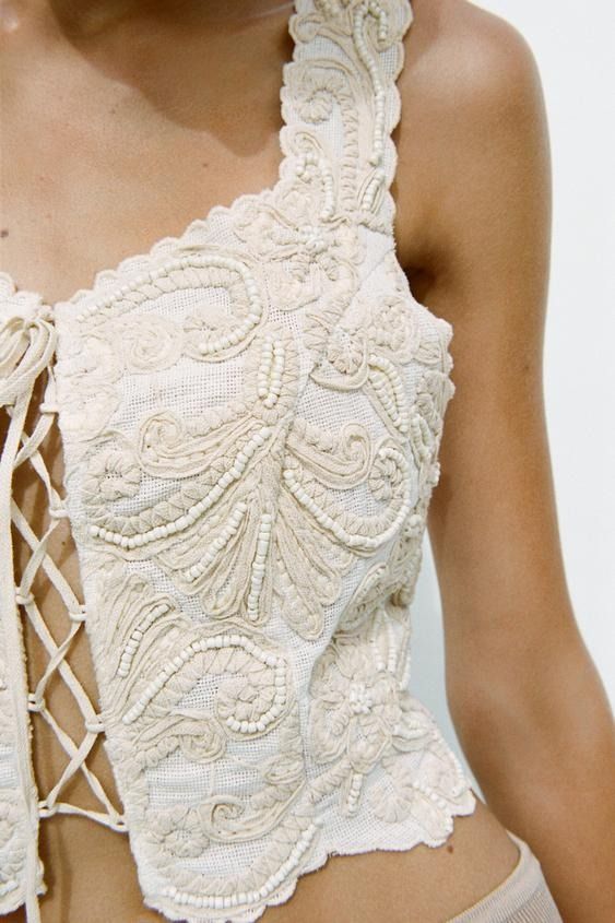 BEADED EMBROIDERED TOP - Oyster-white | ZARA United States Embroidered Crochet Top, Embroidered Corset, Embroidered Crochet, Oyster White, Corset Style Tops, Nice Clothes, Cargo Shirts, Beaded Applique, Cardigan Sweater Jacket