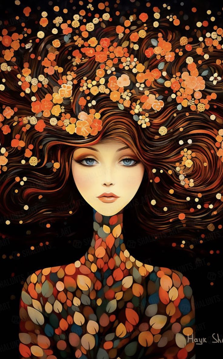 a painting of a woman with her hair in the air and dots all over her face