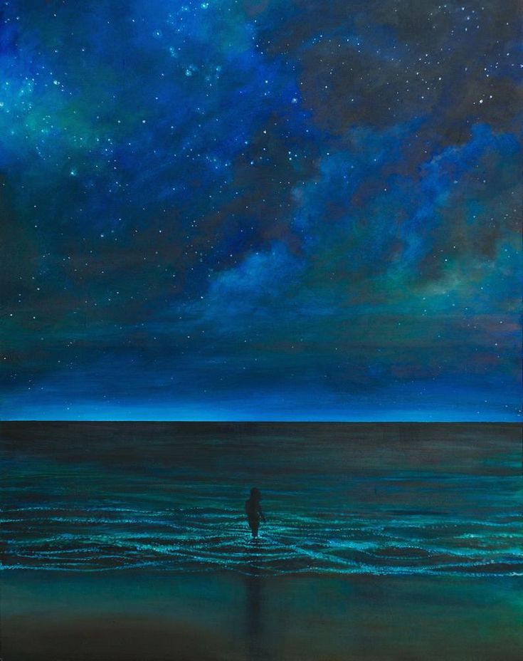 a painting of a person standing in the ocean under a night sky filled with stars