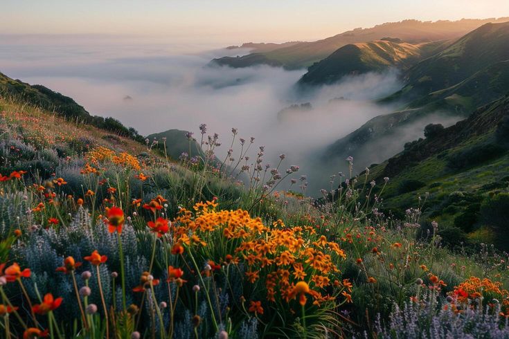 the sun shines brightly in the clouds and flowers on top of a hill with wildflowers