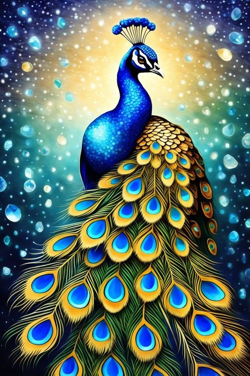 a painting of a peacock with blue feathers