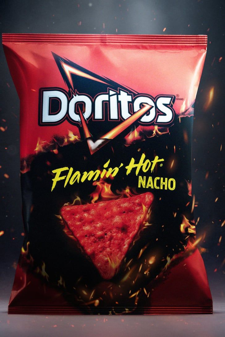 a bag of doritos with flaming hot nacho on it's side