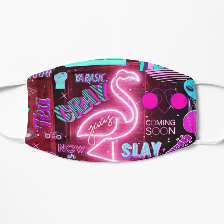 a pink flamingo face mask with neon writing on the front and back, which reads slay